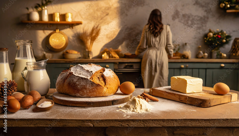 Fototapeta premium eggs, flour, and butter on wooden table for Baking homemade bread at cozy kitchen
