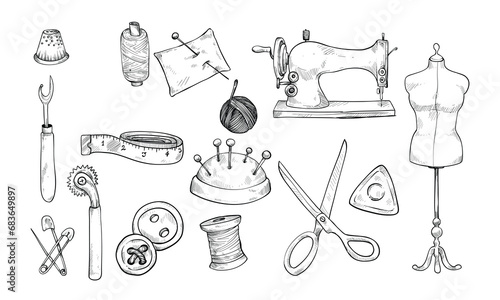 sewing tool handdrawn illustration engraving