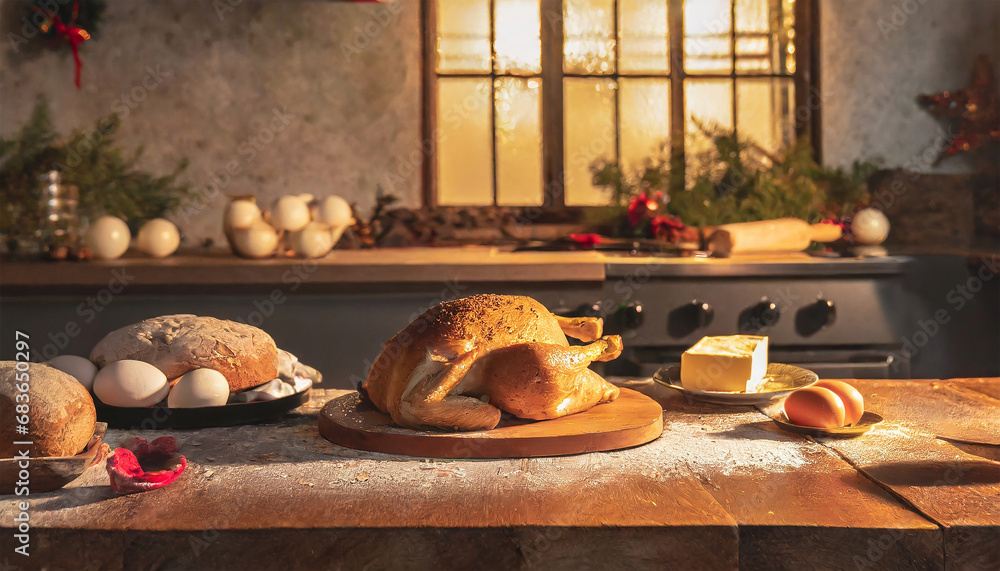 eggs, flour, and butter on wooden table for Baking homemade bread at cozy kitchen, holiday, dinner, preparing
