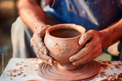 Man potter working making handicraft pots from clay cups