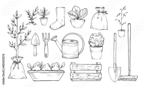 gardening equipment handdrawn illustration engraving