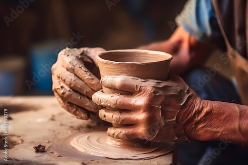 Man potter working making handicraft pots from clay cups