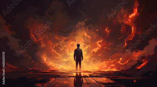 Silhouette of man in abstract dark hot fire flames.