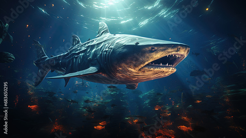 Great White Shark with Caustic Reflections In Crystal Clear Water Background © Image Lounge
