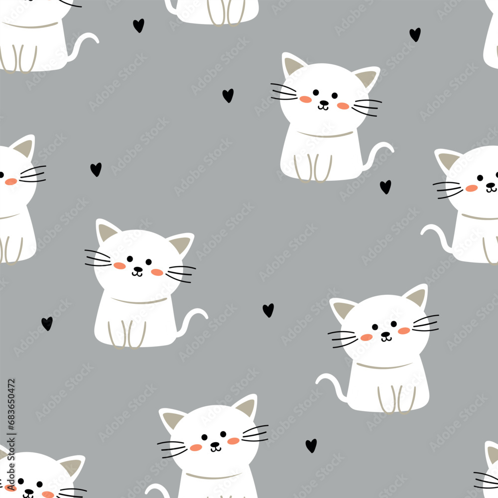 Seamless pattern of cute cartoon white cats gray background. cute wallpaper for gift wrapping paper, textile, colorful vector for children, flat style