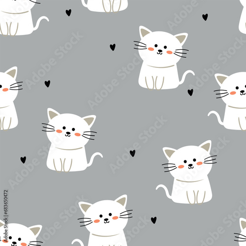 Seamless pattern of cute cartoon white cats gray background. cute wallpaper for gift wrapping paper  textile  colorful vector for children  flat style