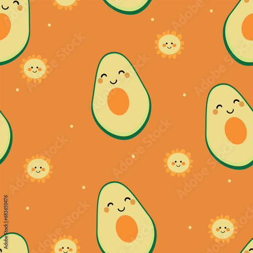 Cute cartoon kawai avocado fruit seamless pattern. cute wallpaper for gift wrapping paper, textile, colorful vector for children, flat style