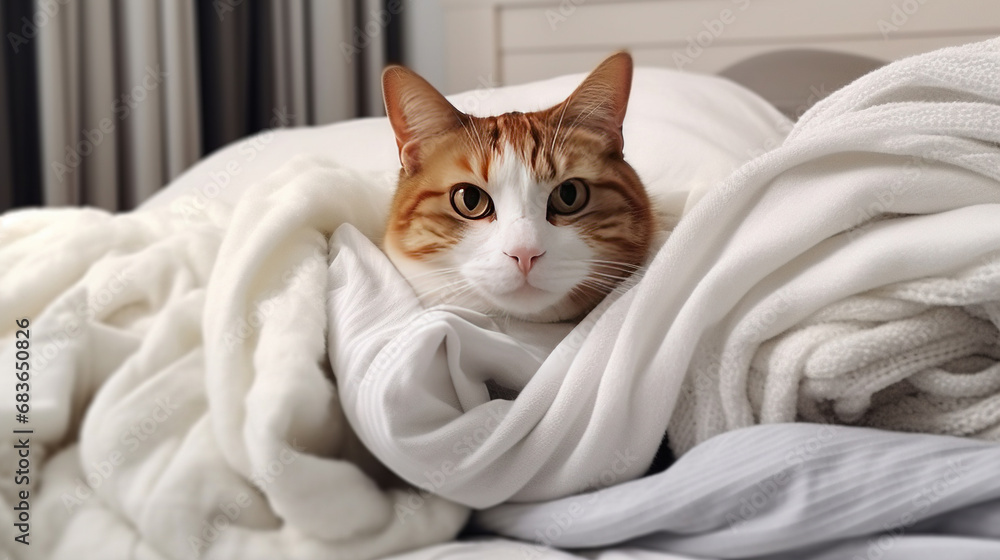 Funny Cat Lies In Bed Linen Figure White Color Light Blurry Background