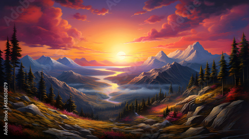 Serene Mountain Sunrise A captivating photograph of a sunrise painting the sky in vibrant hues © MR. Motu