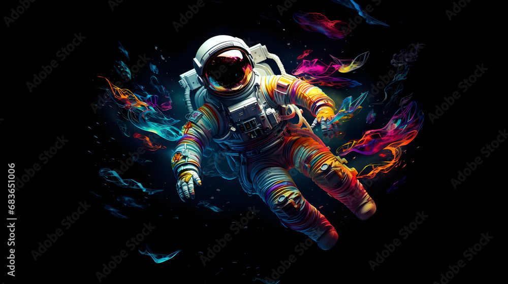 An Astronaut in Outer Space: Colorful Illustration on Black Background