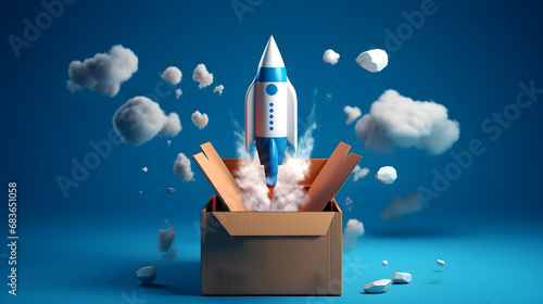 Rocket missle rising up outside the box . Powerful startup idea concept . This is a 3d render illustration . photo