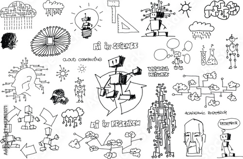 hand drawn sketches of artificial intelligence topics and robots and network strucures and clouds in ai in science and research