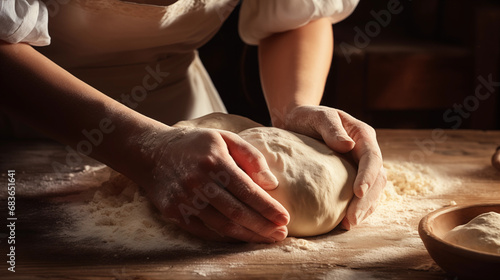 Close-up of baker's hands covered in flour kneading dough. Baker preparing dough for baking.
