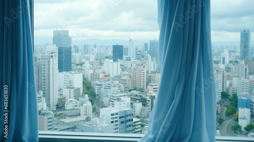 Wind Rustles Curtain Panoramic Window Cityscape, Wallpaper Pictures, Background Hd 