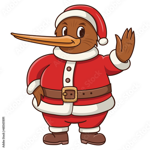 Illustration of a cute cartoon kiwi bird dressed as Santa Claus