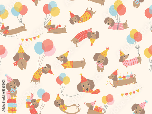 cute Birthday dog pattern seamless background with party dachshund sausage dog cartoon illustration.