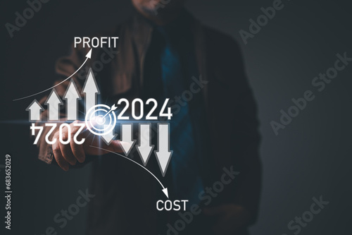 A shrewd businessman navigates the complexities of 2024's economy, meticulously analyzing costs, profits, finance, market, and investment opportunities to propel business toward sustainable growth