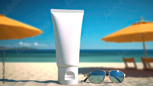 Blank empty white plastic tube. Sunscreen lotion on sandy beach  summer composition with sunglasses  blue sea as background  copy space. Summer vacation and skin care concept  spf uv-protect cosmetic.