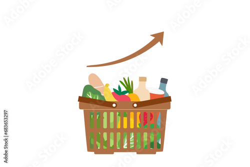 Grocery basket with high graph. Cost of living, growth of grocery price, economic inflation vector illustration