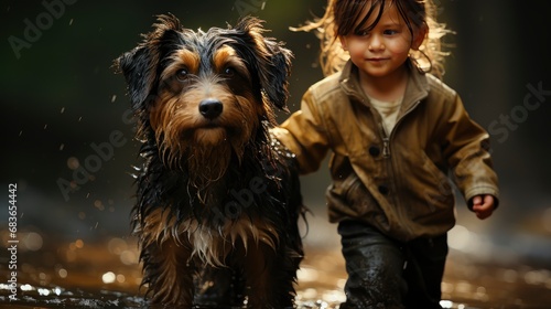 Little Girl Walking Dog Under Rain, Wallpaper Pictures, Background Hd 