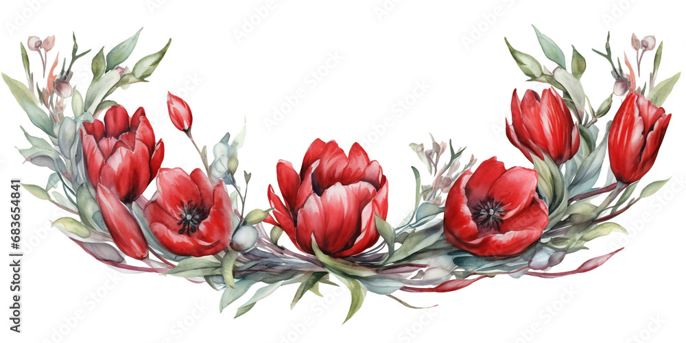 red tulip flower arrangement in watercolor design isolated on transparent background - obrazy, fototapety, plakaty 