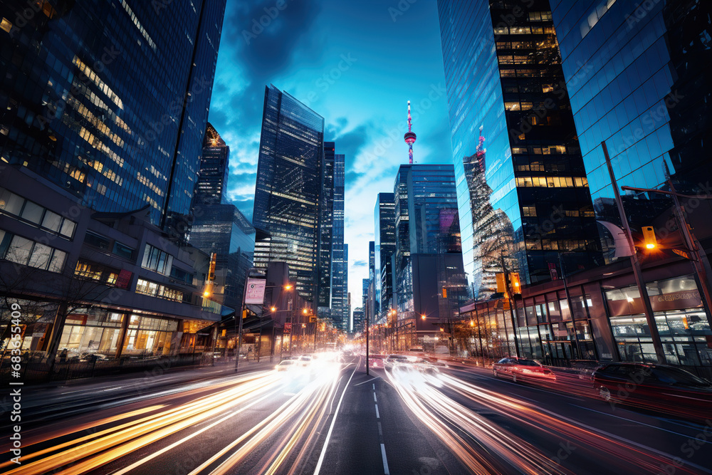 Obraz premium Long Exposure Photo of a City Street at Night. Generative Ai