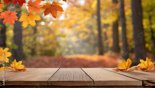 Nature's Embrace: Wooden Table with Autumn's Warmth