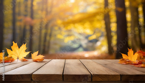 autumn leaves on the wooden background  Enchanted Woodland  Blurred Autumn Forest on Wooden Table
