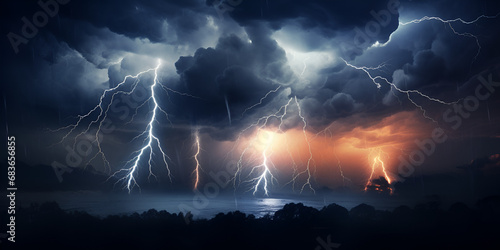 Raster illustration of thunderstorm clouds in the sky with electric lightning, Electric Thunderstorm: Raster Illustration of Lightning in the Sky 