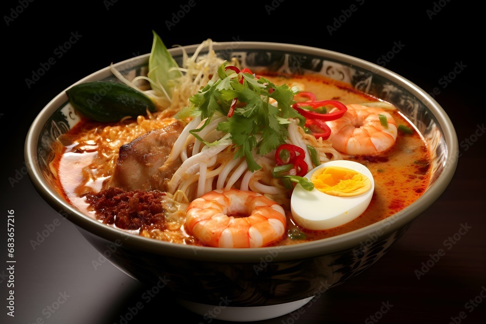 Spicy laksa noodle soup with seafood prawns