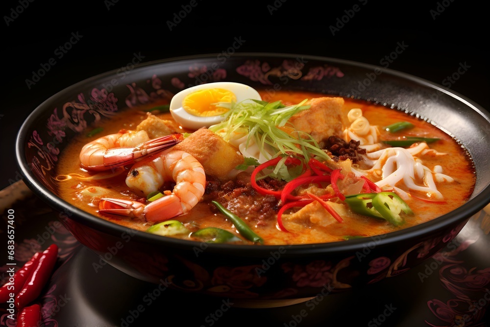 Spicy laksa noodle soup with seafood prawns