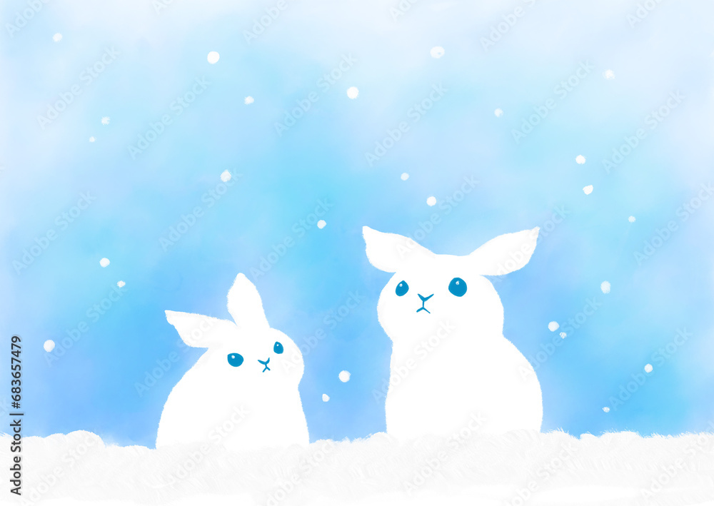 雪空を背景に座る2匹の白ウサギのシンプルな水彩イラスト 雪空を背景に座る2匹の白ウサギのシンプルな水彩イラスト