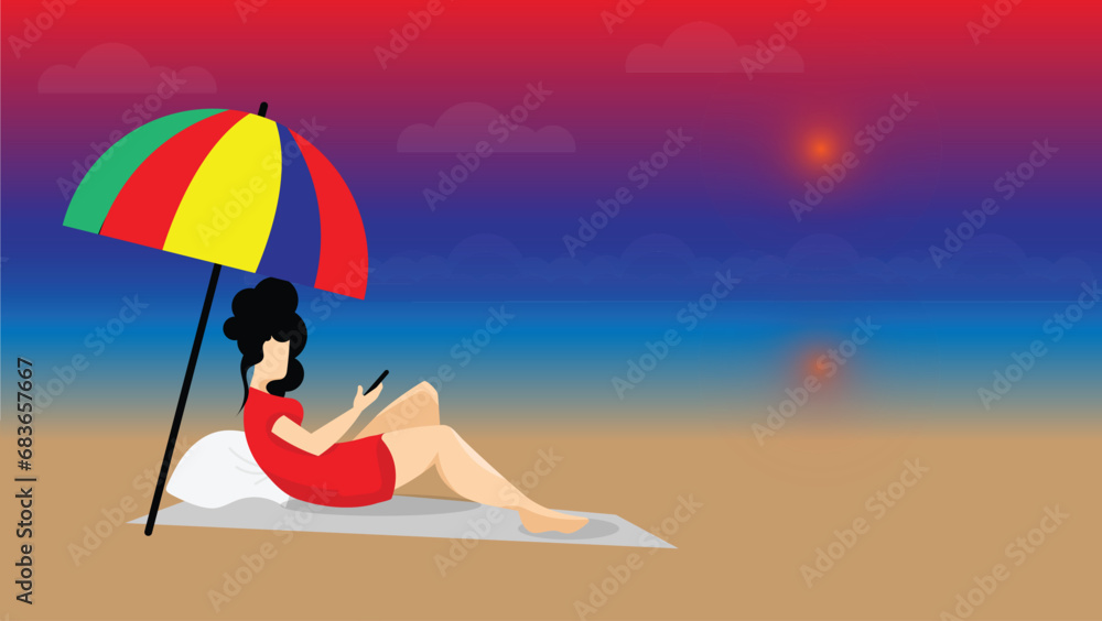 Girl in holiday beside sea beach relaxing or spending leisure time under umbrella with mobile in hand vector illustration landscape.