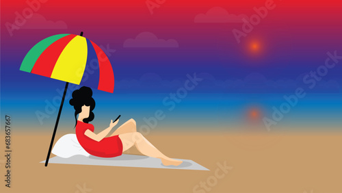 Girl in holiday beside sea beach relaxing or spending leisure time under umbrella with mobile in hand vector illustration landscape.