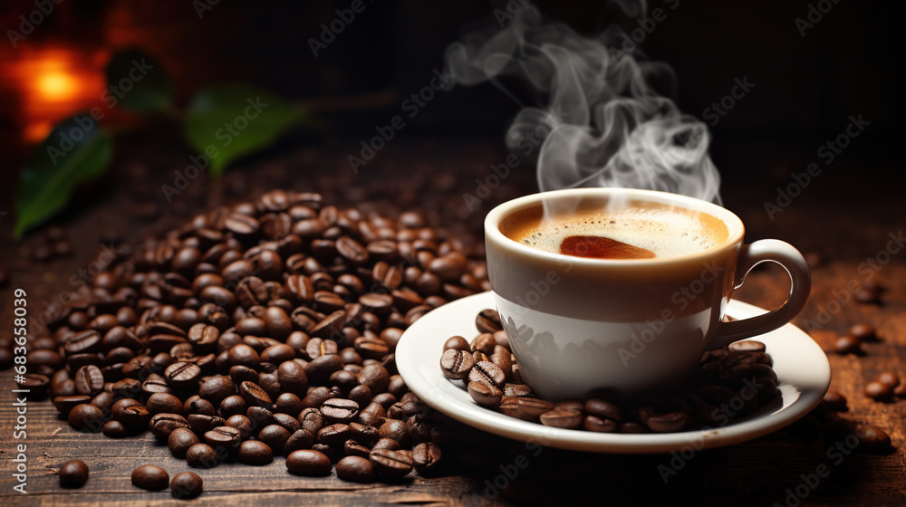 Coffee Cup and Coffee Beans on Wooden Table Blurry Background Coffee Cup and Coffee Beans on Wooden Table Blurry Background