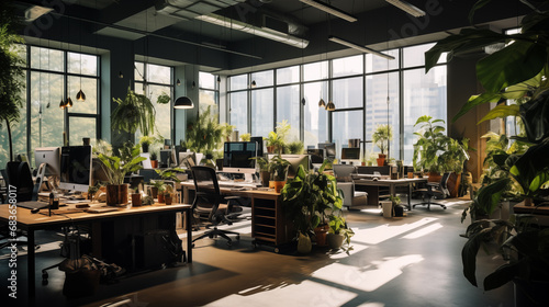 Modern coworking space  ready for low-mobility workers with multiple desks on ground floor