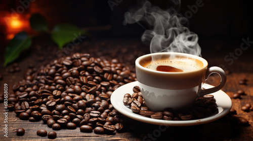 Coffee Cup and Coffee Beans on Wooden Table Blurry Background