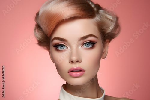 Face of pretty woman with blond hair in 60s retro updo hairstyle and makeup in front of pink background