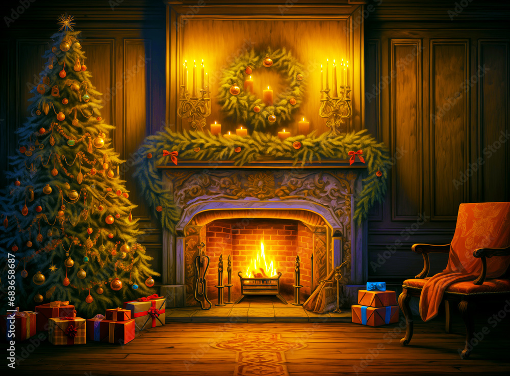 Christmas tree in the living, By the fireplace, there is a Christmas tree.