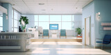 Hospital administrative staff empty workspace without people reception area alone with unoccupied furniture, 