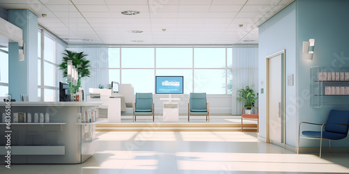 Hospital administrative staff empty workspace without people reception area alone with unoccupied furniture, 