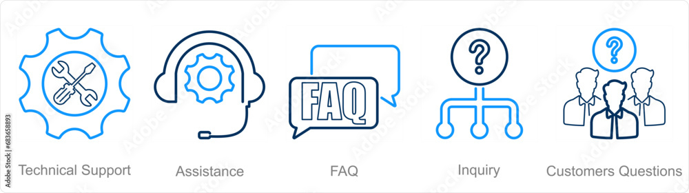 A set of 5 customer service icons as technical support, assistance, faq - obrazy, fototapety, plakaty 