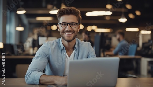 Portrait of successful man at workplace inside office, experienced smiling businessman in shirt smile