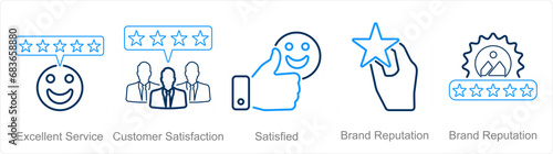 A set of 5 customer service icons as excellent service, customer satisfaction, satisfied