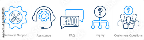 A set of 5 customer service icons as technical support, assistance, faq