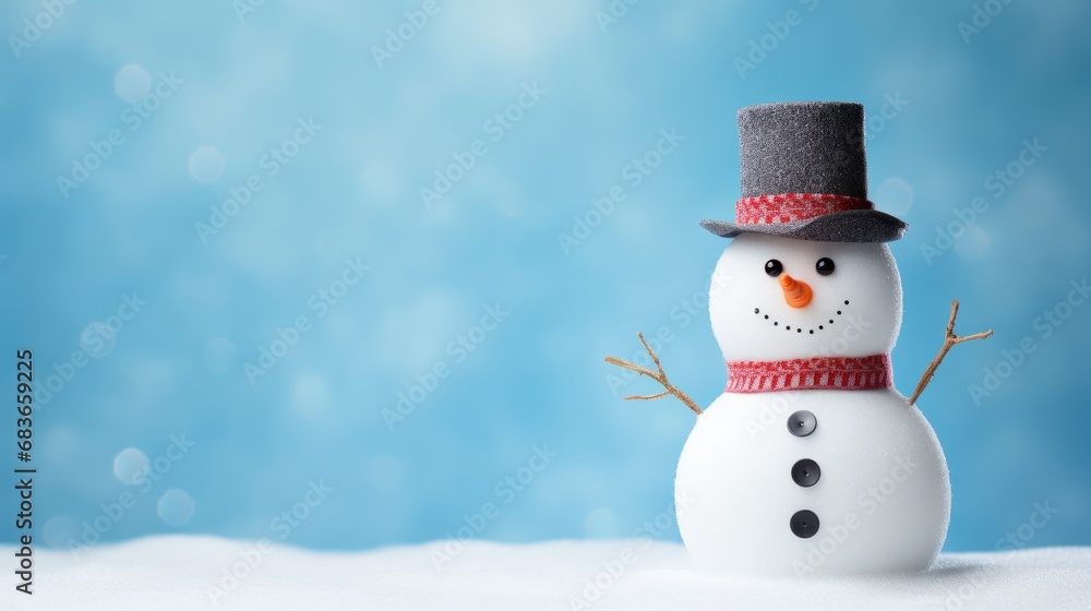 A cheerful snowman on a blue background and free space.
