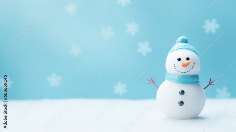 A cheerful snowman on a blue background and free space.