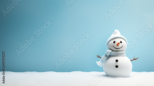 A cheerful snowman on a blue background and free space. photo