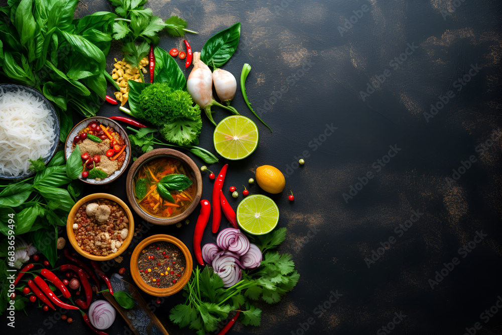 Top View of Asian food background with various ingredients on rustic stone background, Vietnam or Thai cuisine -  AI Generative