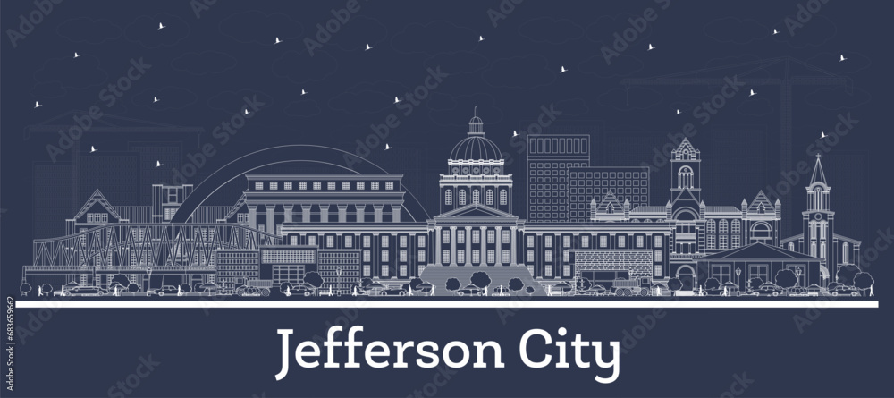 Outline Jefferson City Missouri city skyline with white buildings. Business travel and tourism concept with historic architecture. Jefferson City USA cityscape with landmarks.